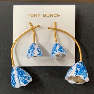 Tory Burch ceramic glass pearl bell earrings SOLD OUT blue white antique gold